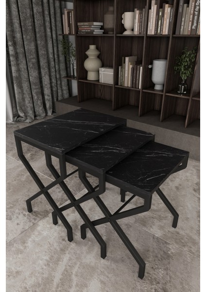 Lotus 3'lü Zigon Sehpa Orta Sehpa Dekoratif 3 Boy Ofis Sehpası Salon Sehpası Çok Fonksiyonlu SİYAH MERMER