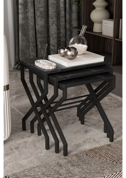 Lotus 3'lü Zigon Sehpa Orta Sehpa Dekoratif 3 Boy Ofis Sehpası Salon Sehpası Çok Fonksiyonlu SİYAH MERMER fiyatları