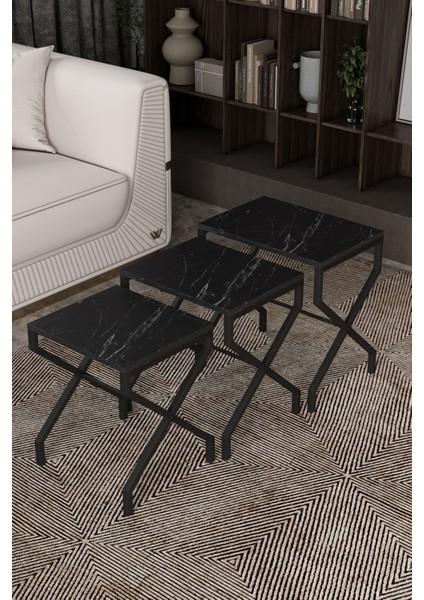 Lotus 3'lü Zigon Sehpa Orta Sehpa Dekoratif 3 Boy Ofis Sehpası Salon Sehpası Çok Fonksiyonlu SİYAH MERMER modelleri