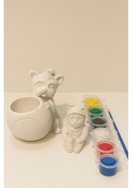 Kedi Saksı & Kedi Figür Boyama Seti – 6 Renk Boya + Fırça | Çocuk ve Yetişkinler Için Hobi Seti