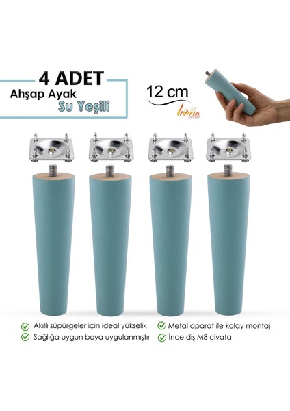 4 Adet Ahşap Ayak 12 cm Su Yeşili M8 Civatalı Bağlantı Aparatlı Dolap Mobilya Koltuk Kanepe Destek Ayağı Ayakları