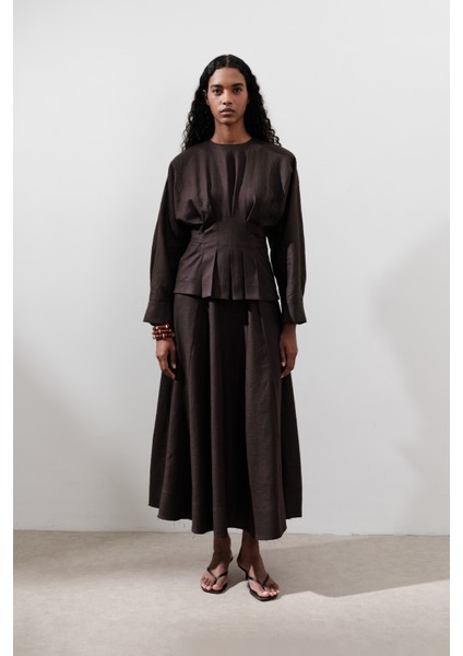 Keten Geniş Parçalı Etek Acı Kahve