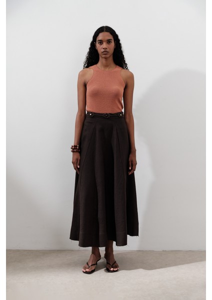 Keten Geniş Parçalı Etek Acı Kahve modelleri