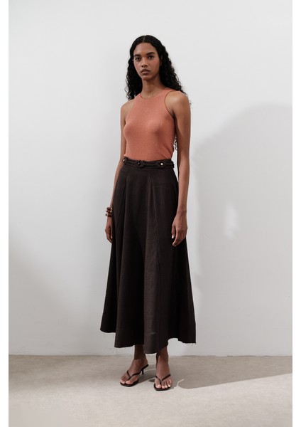 Keten Geniş Parçalı Etek Acı Kahve indirimleri