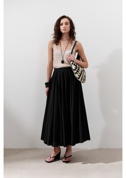 Parçalı Geniş Pamuklu Etek Siyah