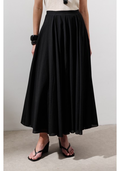 Parçalı Geniş Pamuklu Etek Siyah indirimleri
