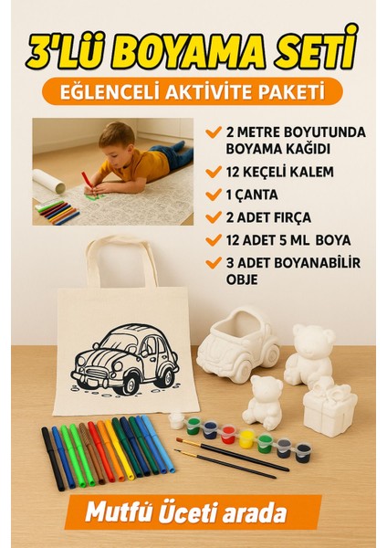3’lü Eğlenceli Boyama Seti - 2 Metre Rulo Boyama Kağıdı + Bez Çanta+ Boyanabilir Obje Seti