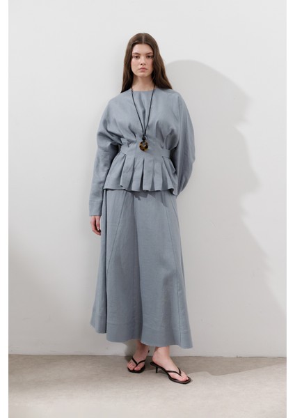 Keten Geniş Parçalı Etek Mavi