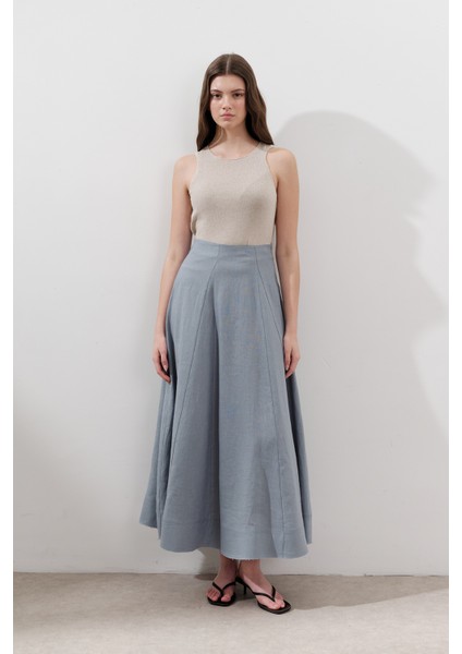 Keten Geniş Parçalı Etek Mavi fiyatları