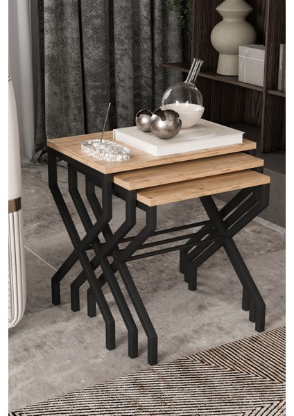 Lotus 3'lü Zigon Sehpa Orta Sehpa Dekoratif 3 Boy Ofis Sehpası Salon Sehpası Çok Fonksiyonlu MEŞE