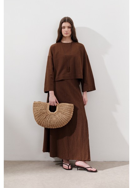 Parçalı Geniş Pamuklu Etek Kahverengi