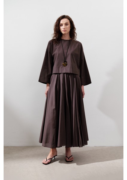 Parçalı Geniş Pamuklu Etek Kahverengi modelleri