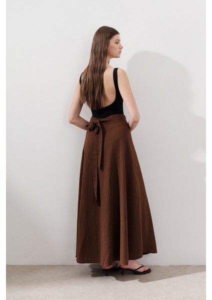 Parçalı Geniş Pamuklu Etek Kahverengi fırsatları