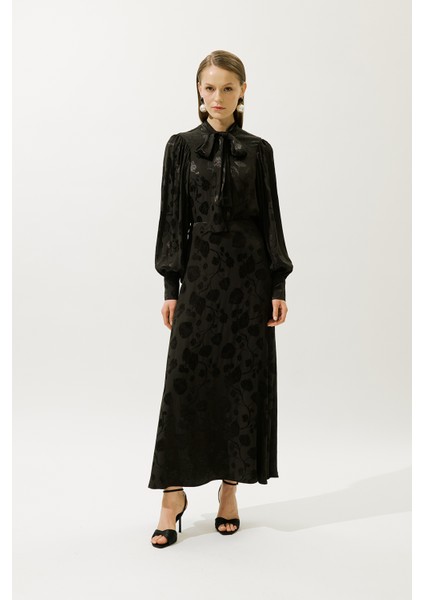 Jakarlı Saten Etek Kahverengi