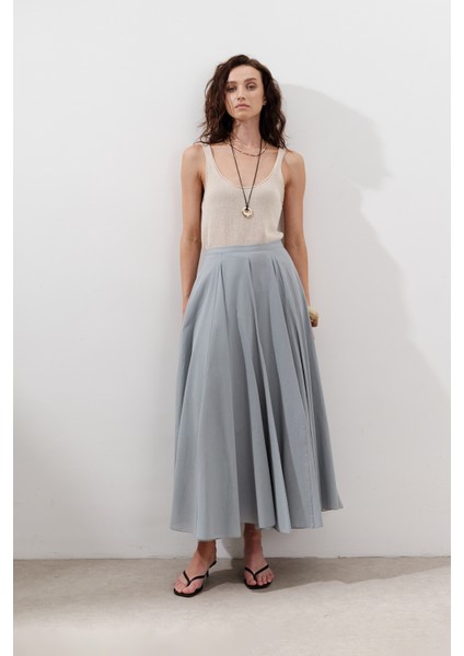 Parçalı Geniş Pamuklu Etek Mavi