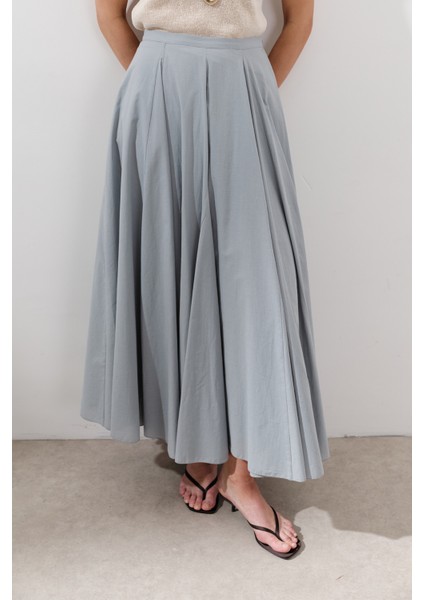 Parçalı Geniş Pamuklu Etek Mavi modelleri