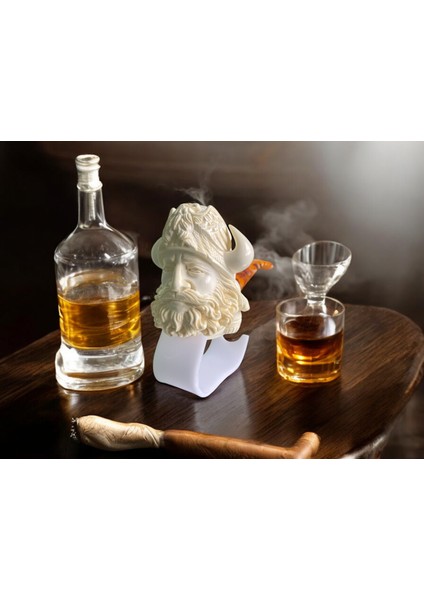 El Yapımı Viking Figürlü Lületaşı Pipo – %100 Doğal Lületaşı, Kehribar Ağızlıklı, Özel Kutulu – Nordic Conqueror