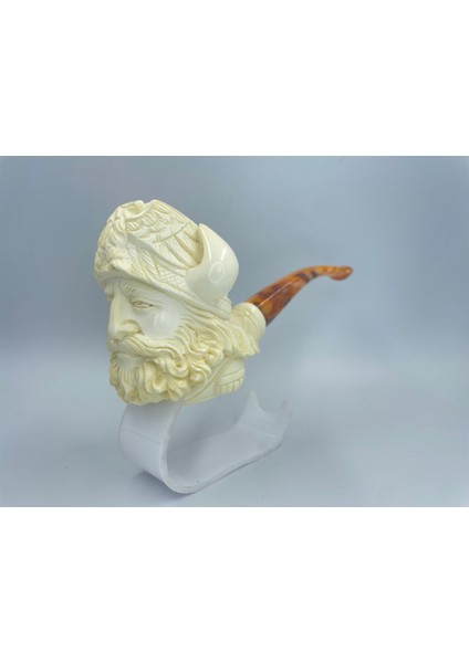 El Yapımı Viking Figürlü Lületaşı Pipo – %100 Doğal Lületaşı, Kehribar Ağızlıklı, Özel Kutulu – Nordic Conqueror fırsatları