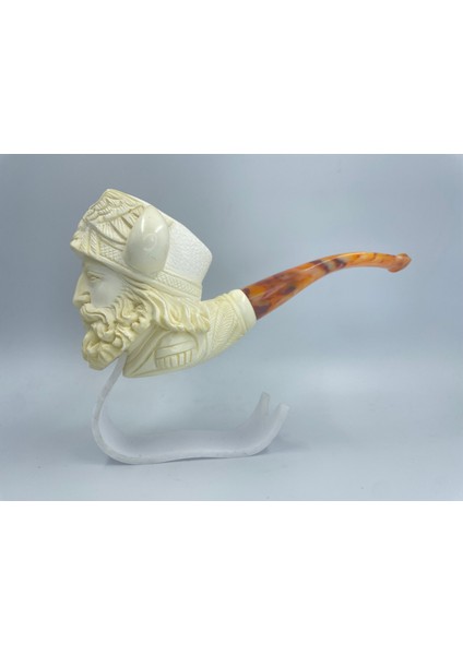 El Yapımı Viking Figürlü Lületaşı Pipo – %100 Doğal Lületaşı, Kehribar Ağızlıklı, Özel Kutulu – Nordic Conqueror