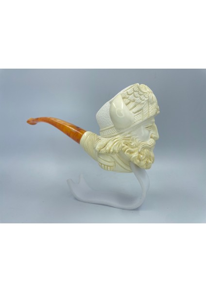 El Yapımı Viking Figürlü Lületaşı Pipo – %100 Doğal Lületaşı, Kehribar Ağızlıklı, Özel Kutulu – Nordic Conqueror