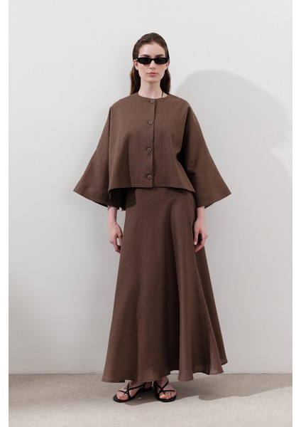 Keten Dikiş Detaylı Etek Tozlu Kahve