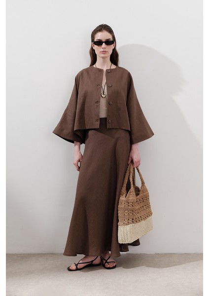 Keten Dikiş Detaylı Etek Tozlu Kahve fiyatları