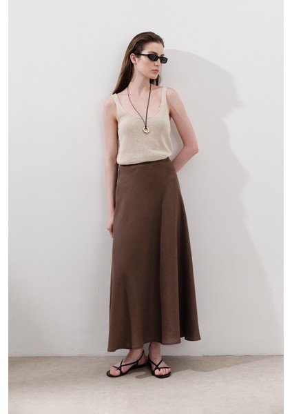 Keten Dikiş Detaylı Etek Tozlu Kahve modelleri