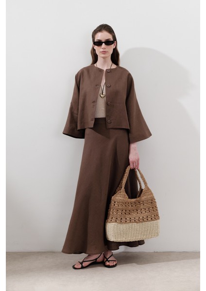 Keten Dikiş Detaylı Etek Tozlu Kahve fırsatları