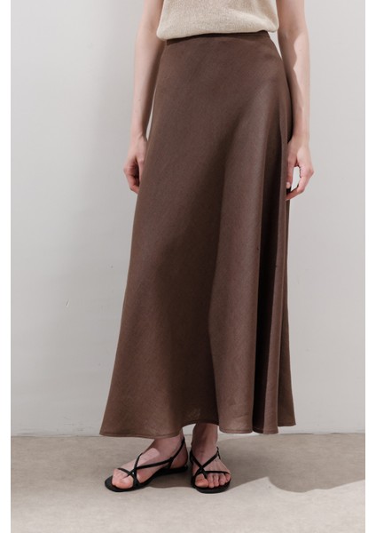 Keten Dikiş Detaylı Etek Tozlu Kahve indirimleri