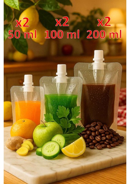 Çeşitli Ölçülerde İçecek Torbası 50 ml Ginger Shot, 100 ml Detoks, 200 ml Cold Brew 2'şer Adet (Toplamda 6 Adet)