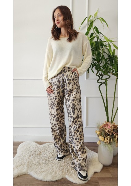 Leopar Desenli Geniş Paça Pantolon