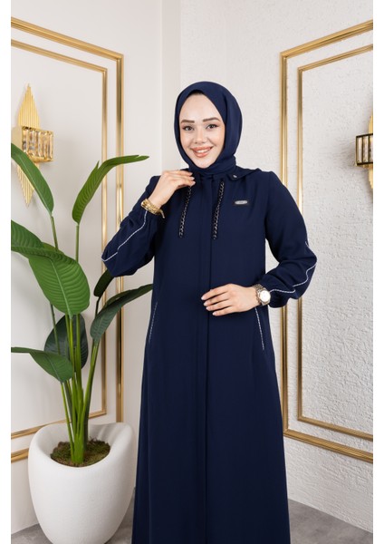Biyeli Şerit Metal Aksesuar Detaylı Ferace / Lacivert - F0144