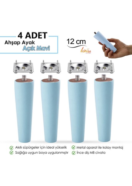4 Adet Ahşap Ayak 12 cm Açık Mavi M8 Civatalı Bağlantı Aparatlı Dolap Mobilya Koltuk Kanepe Destek Ayağı Ayakları