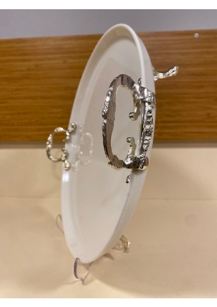 Sunum Tabak Yuvarlak Porselen Ayaklı Kulplu Pirinç Gümüş Çapı 30 cm