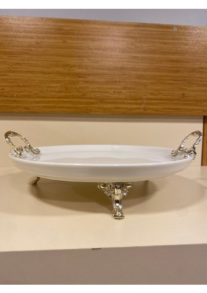 Sunum Tabak Yuvarlak Porselen Ayaklı Kulplu Pirinç Gümüş Çapı 30 cm fiyatları