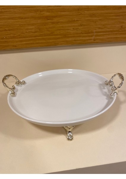 Sunum Tabak Yuvarlak Porselen Ayaklı Kulplu Pirinç Gümüş Çapı 30 cm modelleri