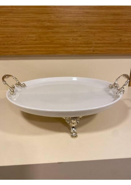 Sunum Tabak Yuvarlak Porselen Ayaklı Kulplu Pirinç Gümüş Çapı 30 cm fırsatları