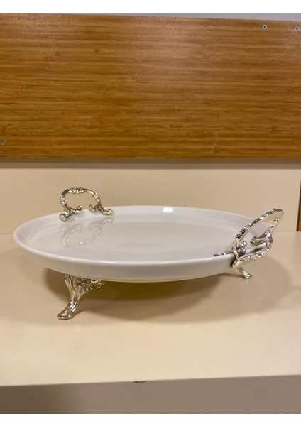 Sunum Tabak Yuvarlak Porselen Ayaklı Kulplu Pirinç Gümüş Çapı 30 cm indirimleri