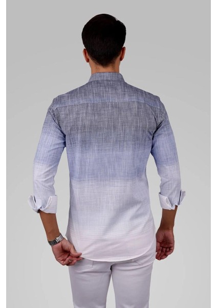 Panolu Mavi Gri Geçişli Keten Slimfit Erkek Gömlek fiyatları
