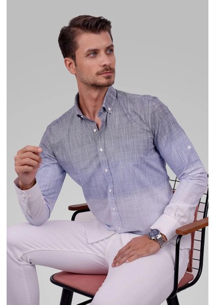 Panolu Mavi Gri Geçişli Keten Slimfit Erkek Gömlek fırsatları