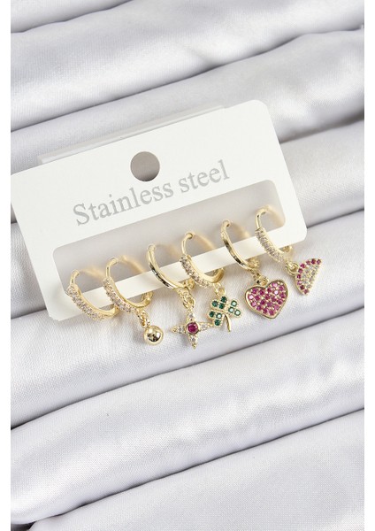 Pirinç Zirkon Taşlı Karpuz Yonca Kalp Pusula Karışık Model Gold Renk 6'lı Set Kadın Küpe