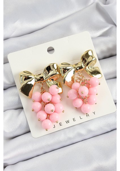 Pirinç Sallantılı Pembe Boncuklu Fiyonk Vintage Model Gold Renk Kadın Küpe