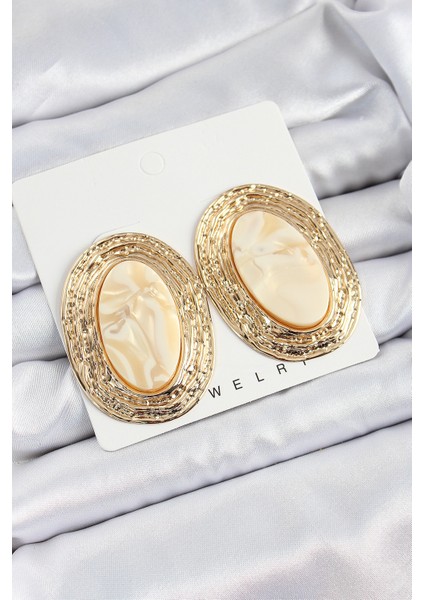 Pirinç Mermer Desenlli Bej Sedef Oval Vintage Model Gold Renk Kadın Küpe