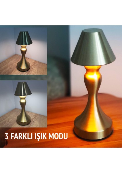 Şarjlı Dokunmatik Ayarlanabilir Işıklı 3 Modlu Dekoratif Gold Retro Sehpa Konsol Yemek Masa Lambası