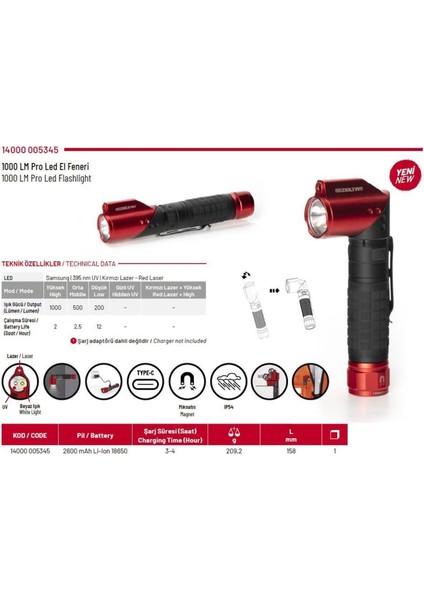 Izeltaş 14000005345 1000 Lümen Pro LED El Feneri