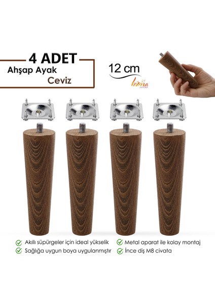 4 Adet Ahşap Ayak 12 cm Ceviz M8 Civatalı Bağlantı Aparatlı Dolap Mobilya Koltuk Kanepe Destek Ayağı Ayakları