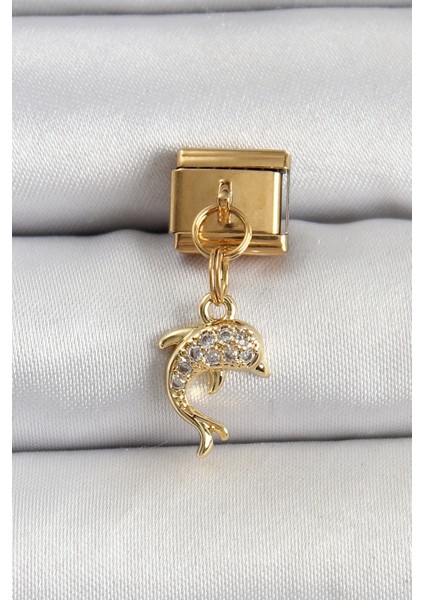 316L Çelik Sallantılı Zirkon Taşlı Yunus Balığı Model Gold Renk Nomination Charm - TJ-BC1407