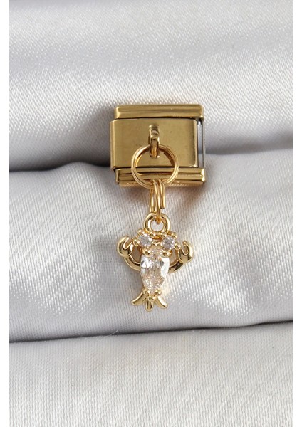 316L Çelik Sallantılı Zirkon Taşlı Yengeç Model Gold Renk Nomination Charm - TJ-BC1417