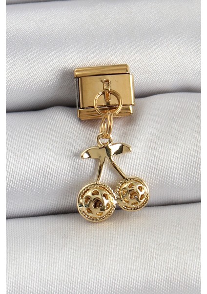 316L Çelik Sallantılı Zirkon Taşlı Fiyonk Model Gold Renk Nomination C316L Çelik Sallantılı Kiraz Model Gold Renk Nomination Charm - TJ-BC1425