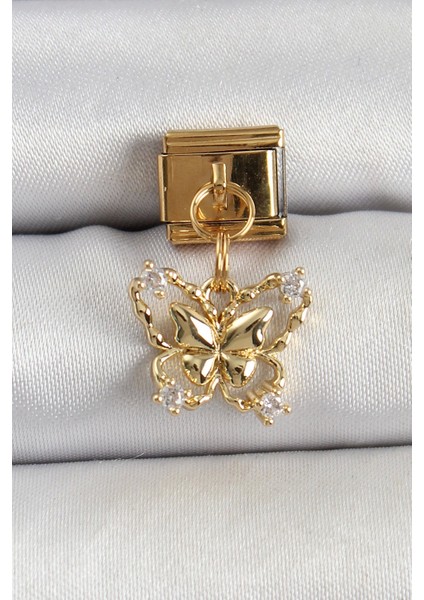 316L Çelik Sallantılı Zirkon Taşlı Kelebek Model Gold Renk Nomination Charm - TJ-BC1408